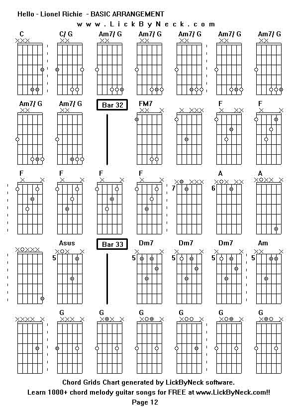 Chord Grids Chart of chord melody fingerstyle guitar song-Hello - Lionel Richie  - BASIC ARRANGEMENT,generated by LickByNeck software.